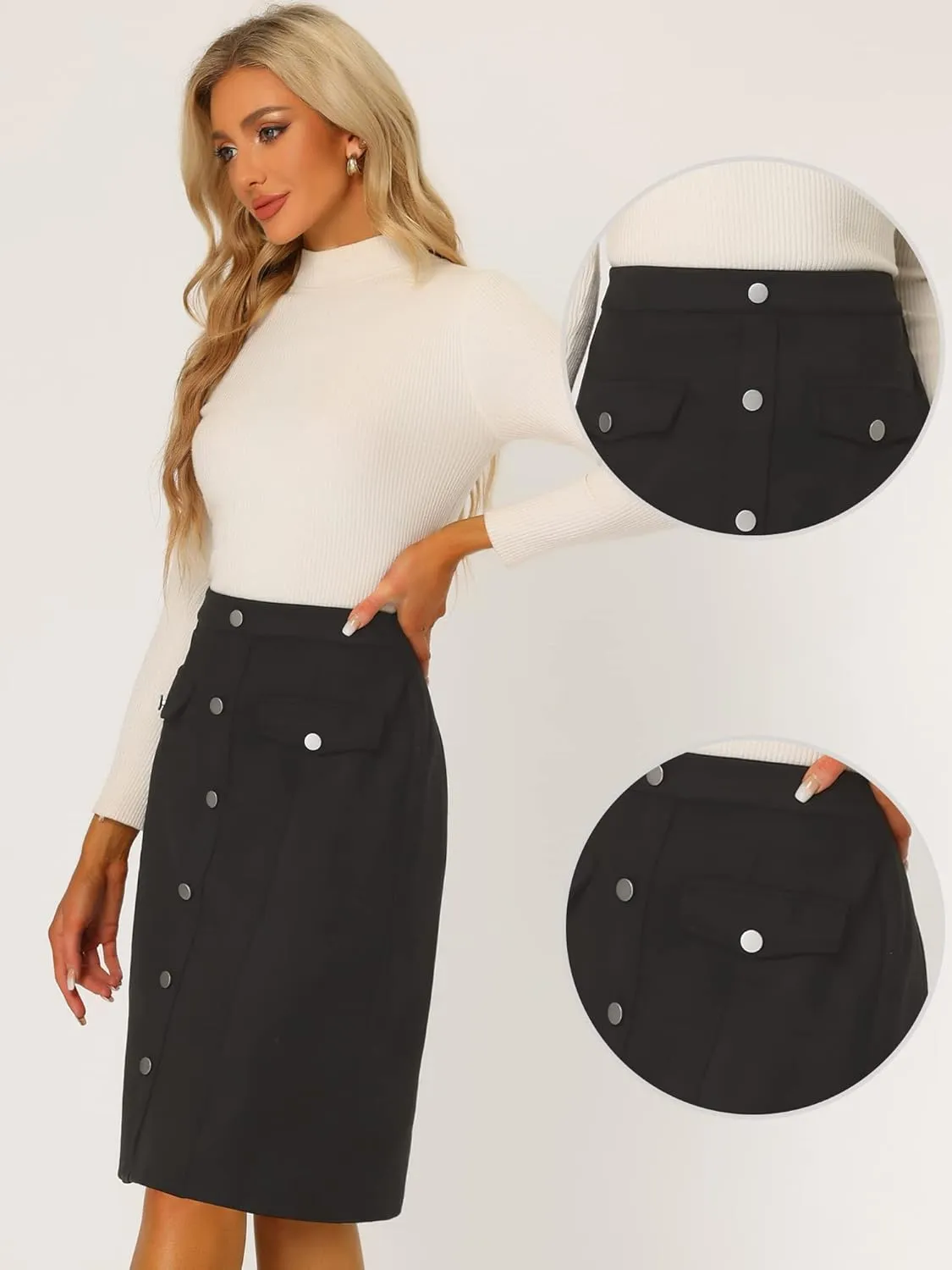 Allegra K Faux Suede Skirt for Women's Button Front High Waist 2024 Fall Knee Length A-Line Skirts