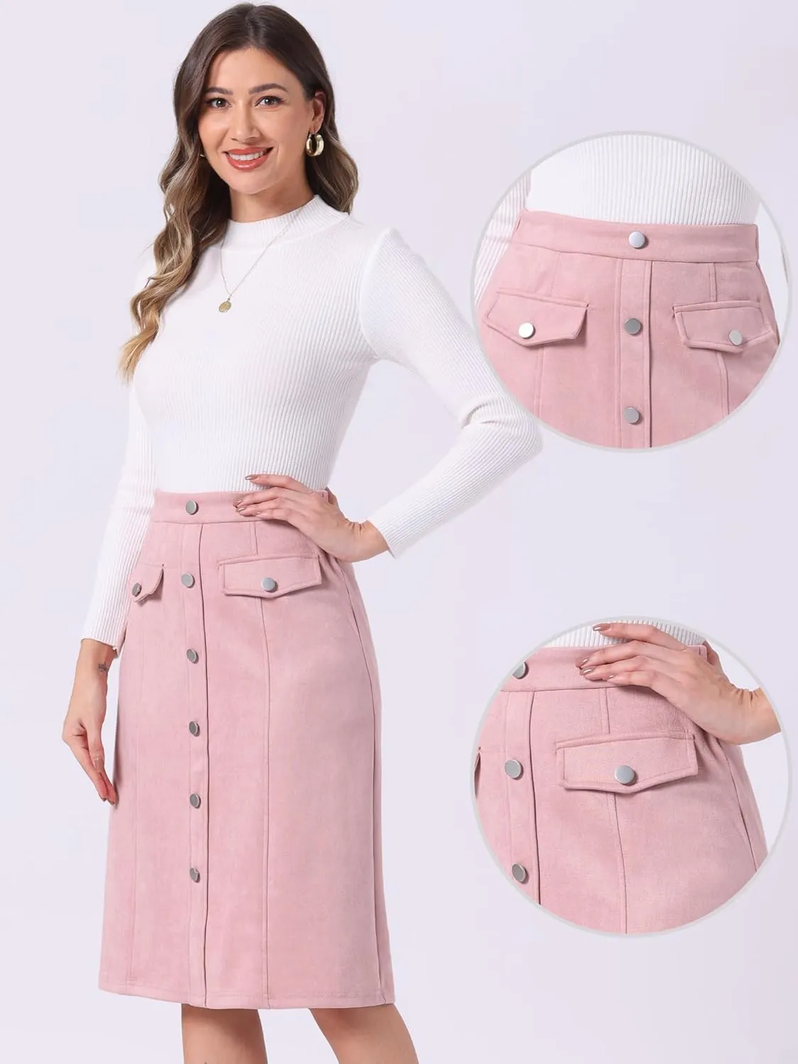 Allegra K Faux Suede Skirt for Women's Button Front High Waist 2024 Fall Knee Length A-Line Skirts