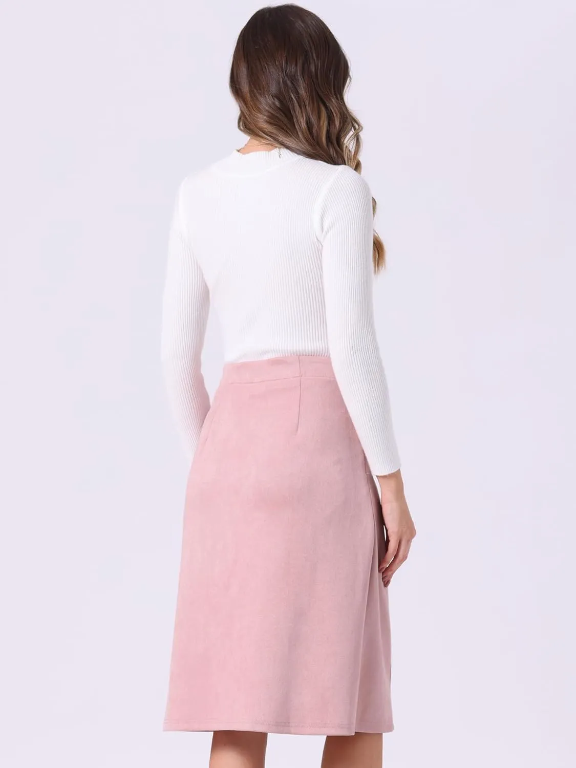 Allegra K Faux Suede Skirt for Women's Button Front High Waist 2024 Fall Knee Length A-Line Skirts