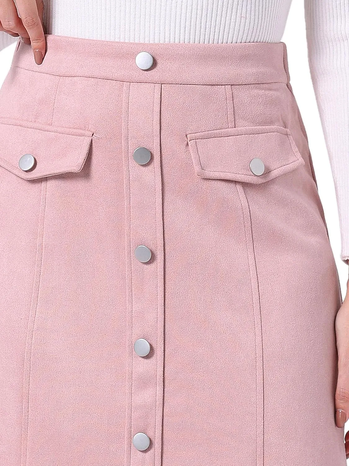Allegra K Faux Suede Skirt for Women's Button Front High Waist 2024 Fall Knee Length A-Line Skirts