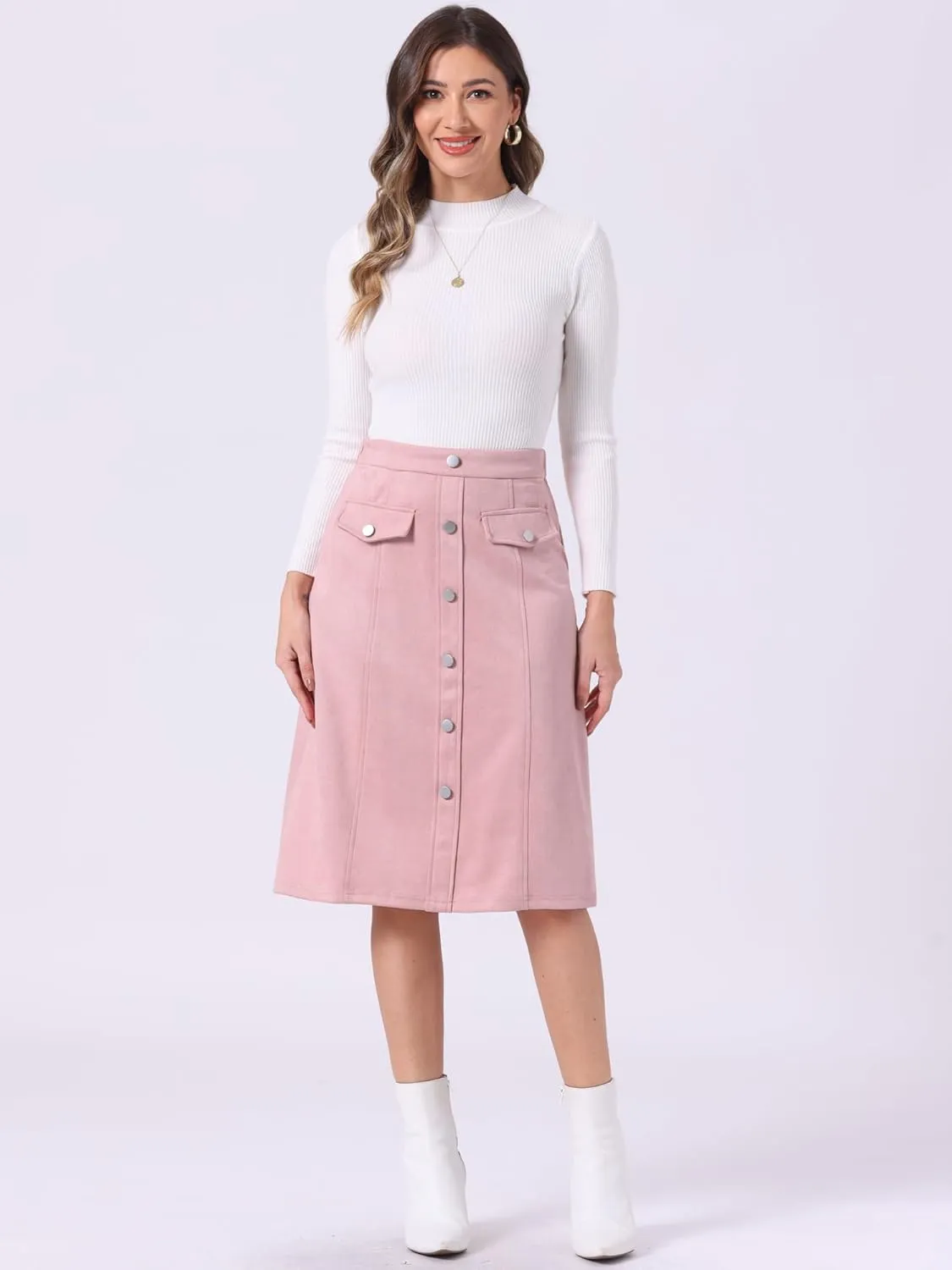 Allegra K Faux Suede Skirt for Women's Button Front High Waist 2024 Fall Knee Length A-Line Skirts