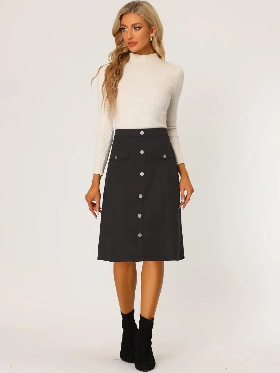 Allegra K Faux Suede Skirt for Women's Button Front High Waist 2024 Fall Knee Length A-Line Skirts