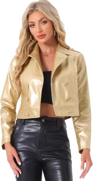 Allegra K Metallic Jacket for Women's Double Breasted Notch Lapel Disco Party Shiny Holographic Jackets