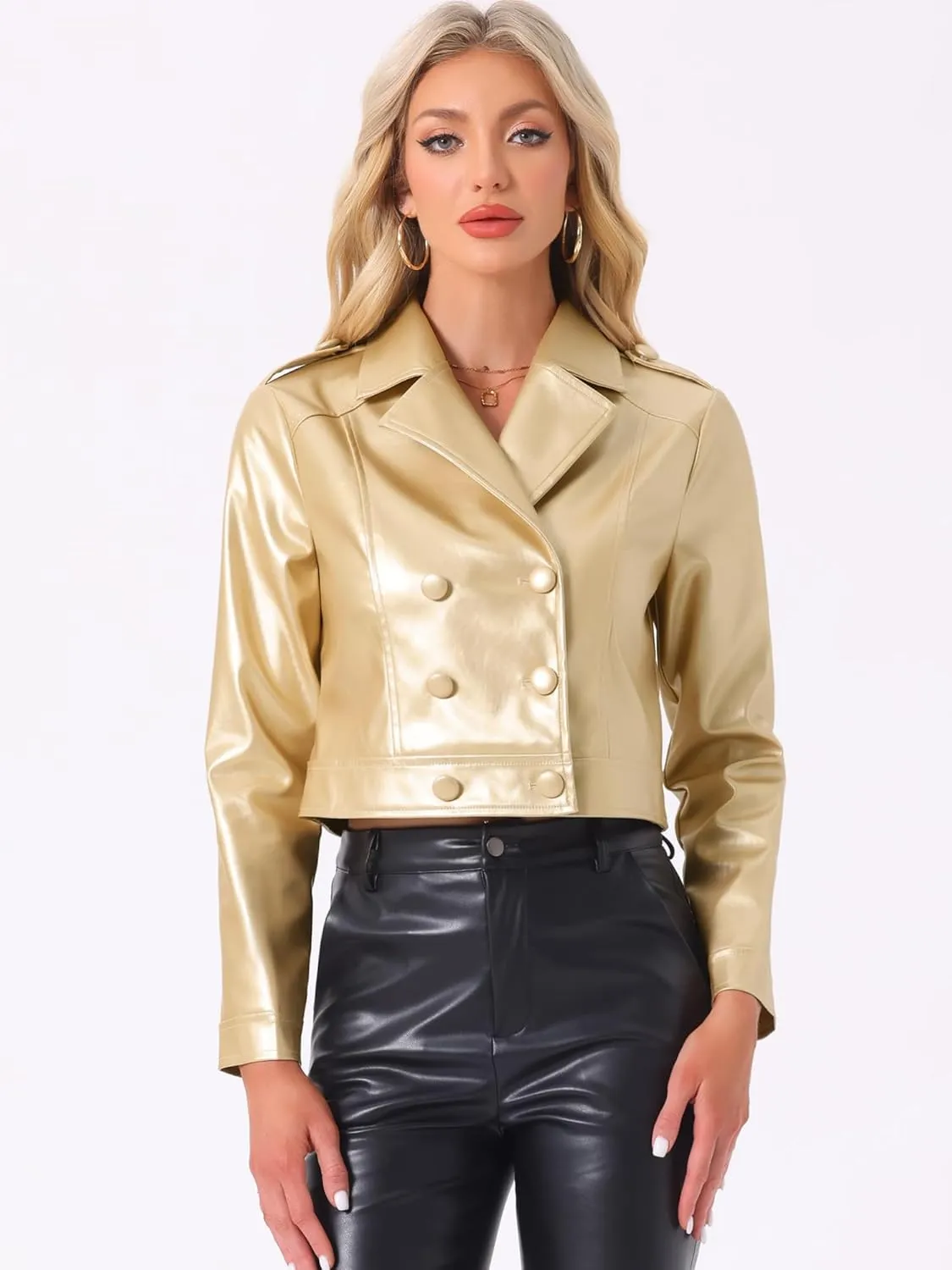 Allegra K Metallic Jacket for Women's Double Breasted Notch Lapel Disco Party Shiny Holographic Jackets