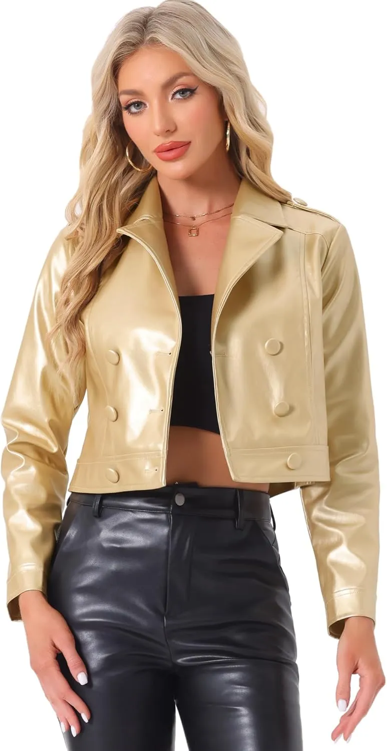 Allegra K Metallic Jacket for Women's Double Breasted Notch Lapel Disco Party Shiny Holographic Jackets