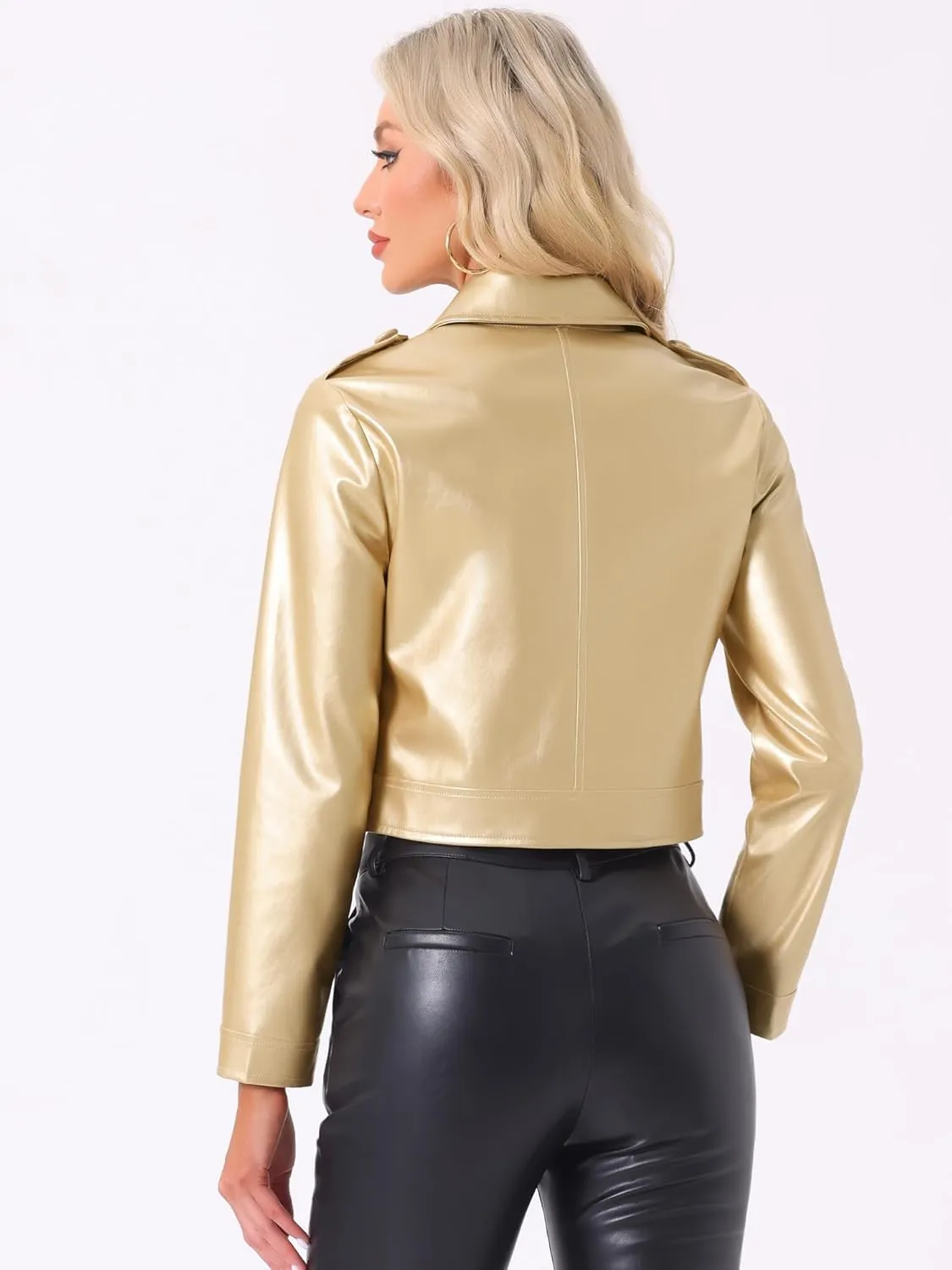 Allegra K Metallic Jacket for Women's Double Breasted Notch Lapel Disco Party Shiny Holographic Jackets