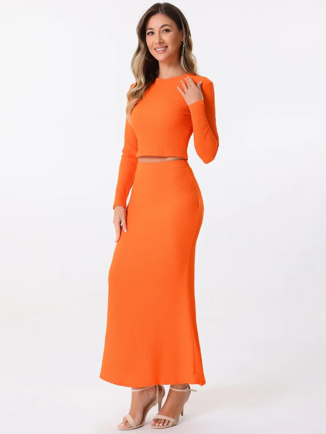 Allegra K Women's 2 Piece Sets Long Sleeve Crop Top High Waist Mermaid Maxi Skirt Fashion Casual Sets