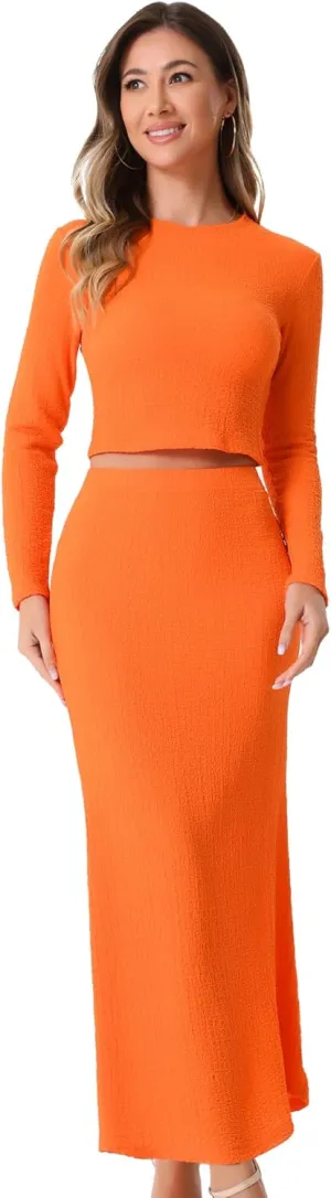 Allegra K Women's 2 Piece Sets Long Sleeve Crop Top High Waist Mermaid Maxi Skirt Fashion Casual Sets