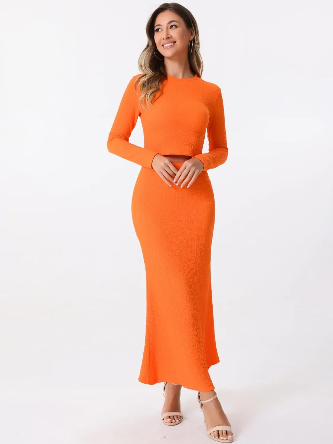 Allegra K Women's 2 Piece Sets Long Sleeve Crop Top High Waist Mermaid Maxi Skirt Fashion Casual Sets