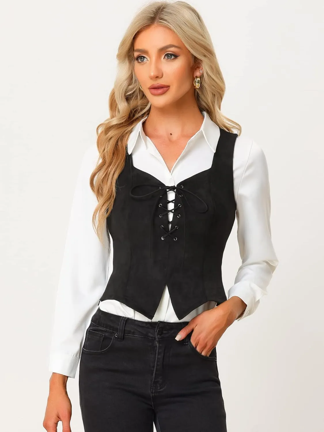Allegra K Women's 2025 Vintage Faux Suede Vest Jacket Sweetheart Neck Sleeveless Lace Up Waistcoat Vest