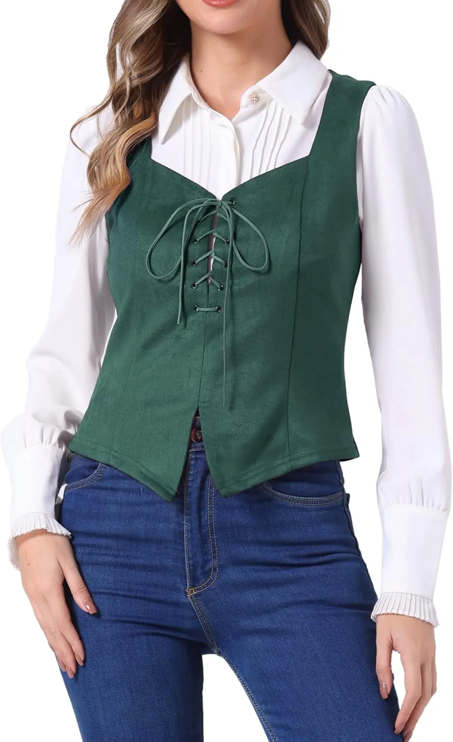Allegra K Women's 2025 Vintage Faux Suede Vest Jacket Sweetheart Neck Sleeveless Lace Up Waistcoat Vest