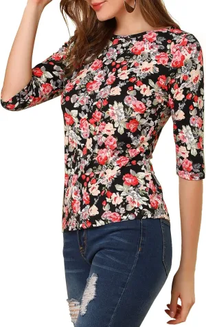 Allegra K Women's Elbow Sleeves Top Round Neck Slim Fit Tee Casual Printed T-Shirt