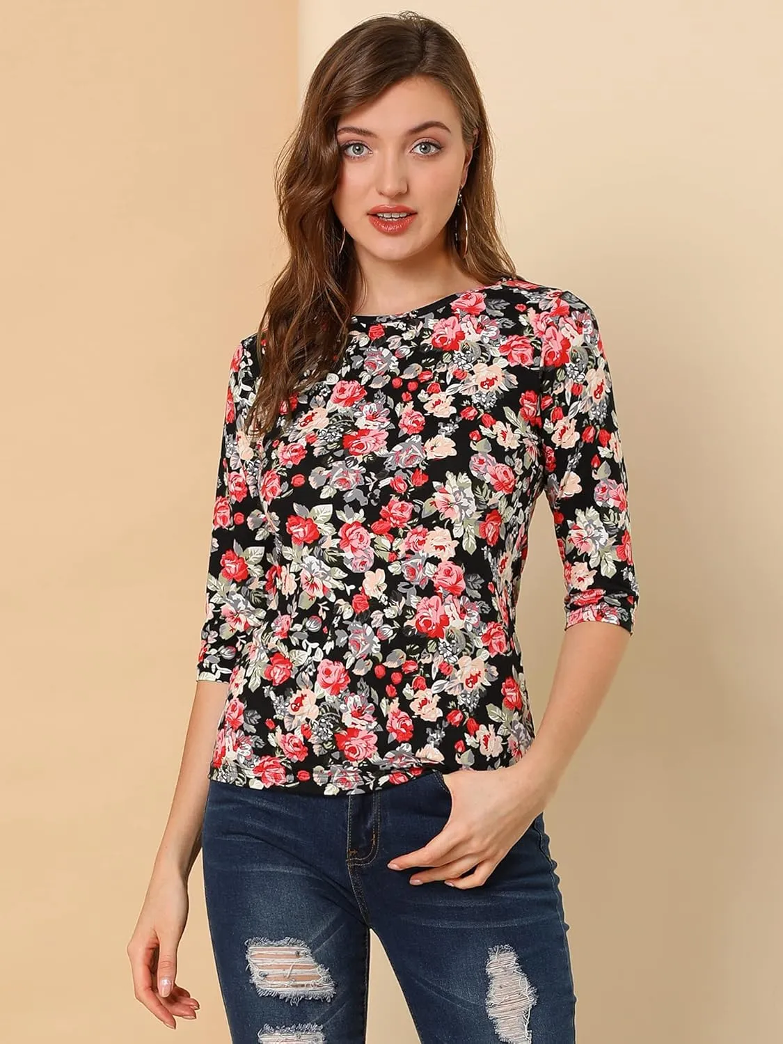 Allegra K Women's Elbow Sleeves Top Round Neck Slim Fit Tee Casual Printed T-Shirt
