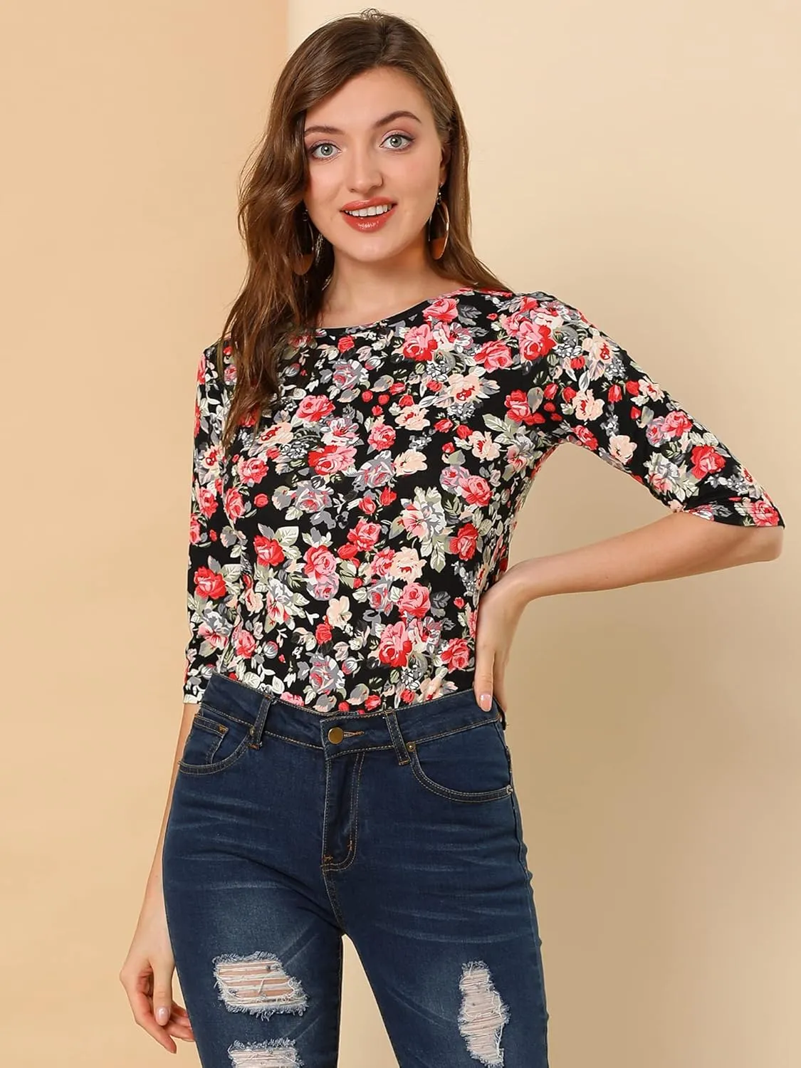 Allegra K Women's Elbow Sleeves Top Round Neck Slim Fit Tee Casual Printed T-Shirt