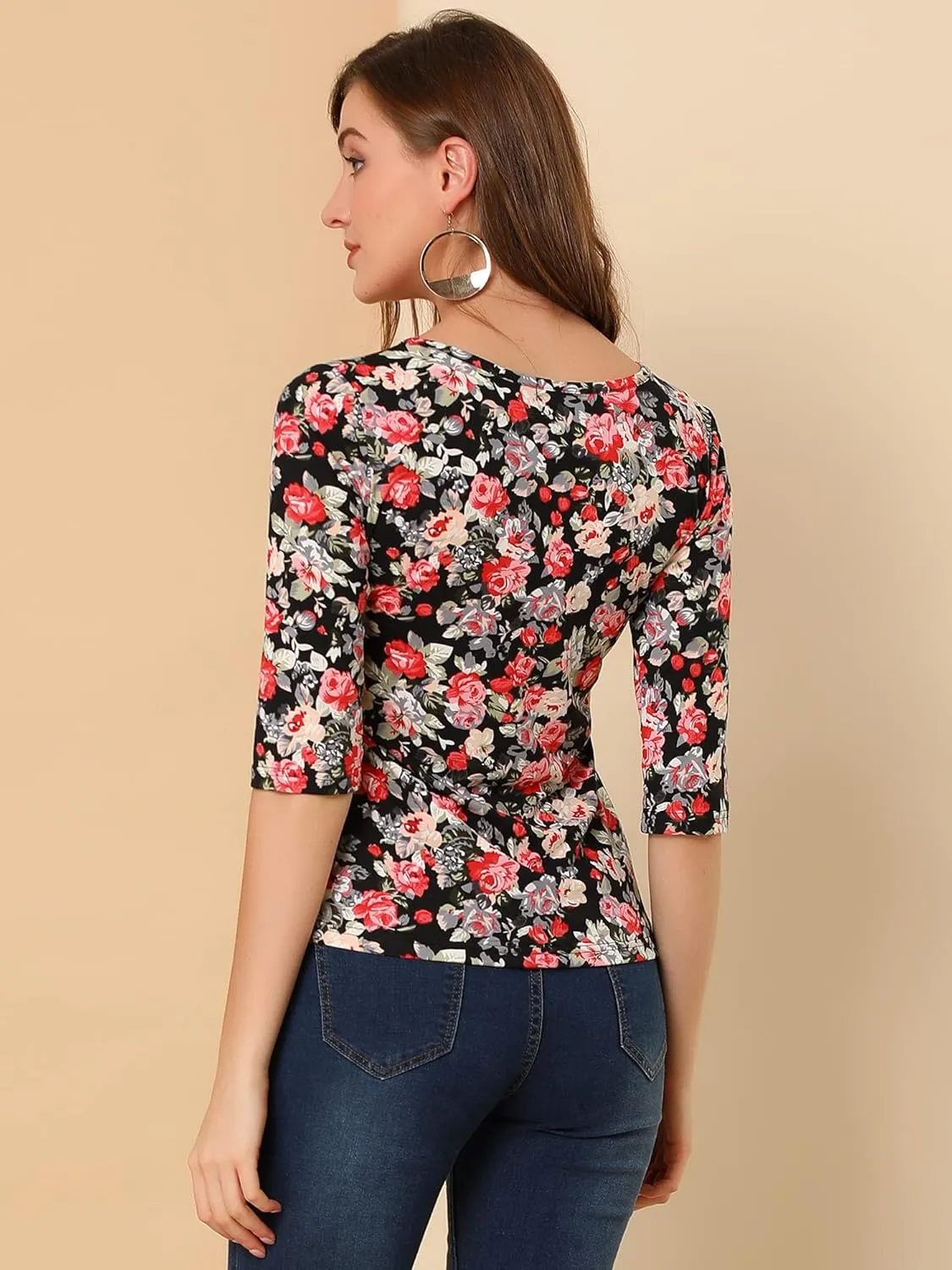 Allegra K Women's Elbow Sleeves Top Round Neck Slim Fit Tee Casual Printed T-Shirt