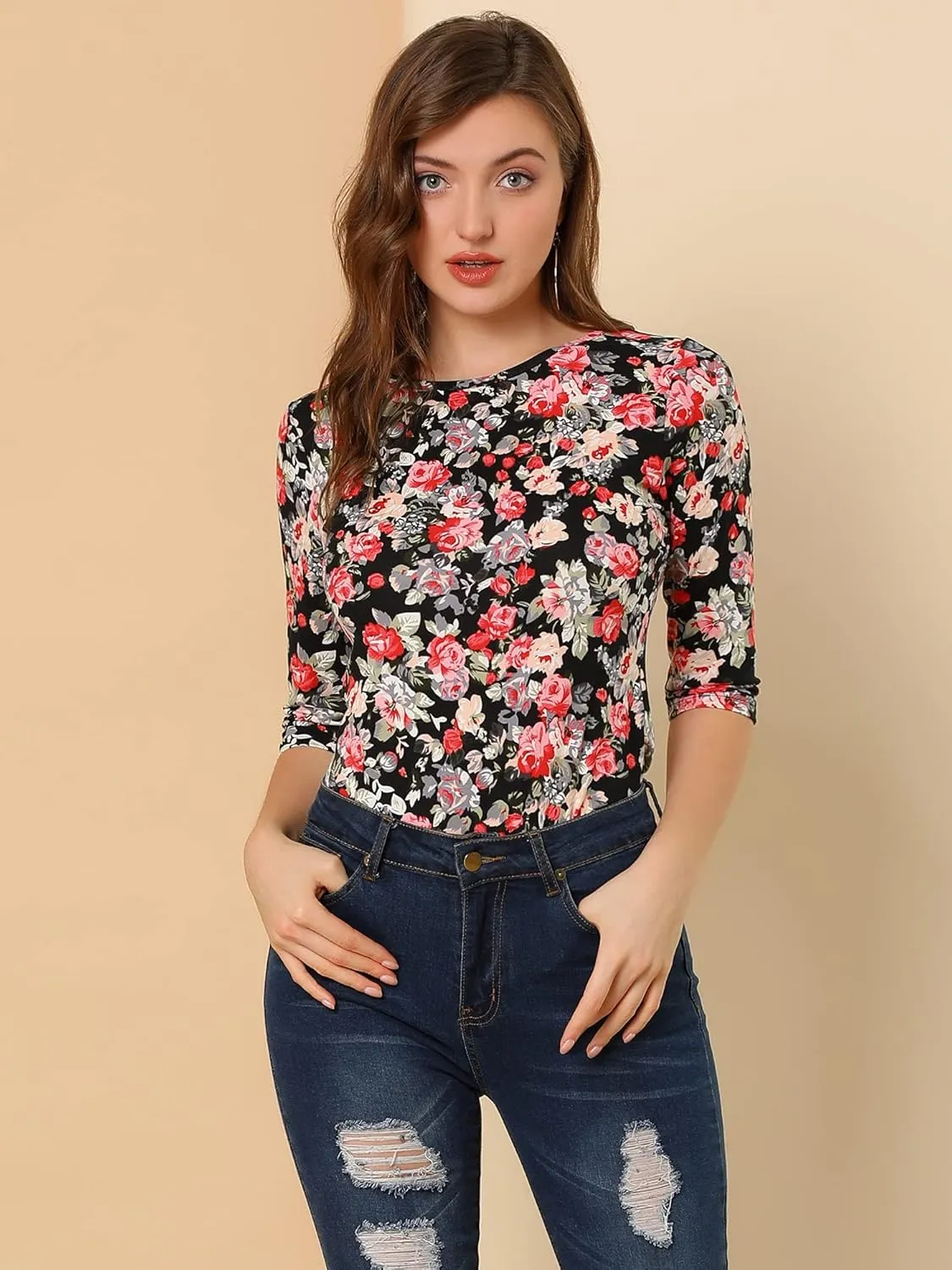 Allegra K Women's Elbow Sleeves Top Round Neck Slim Fit Tee Casual Printed T-Shirt