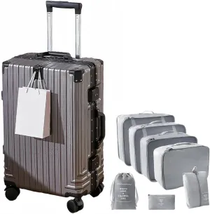 Aluminum Frame Carry-on Luggage, Hardside Carry-on Suitcase, Zipperless Suitcase, Spinner Luggage with Cup Holder and TSA Locks (Grey   Organizer Bags, Carry-On 20-Inch)