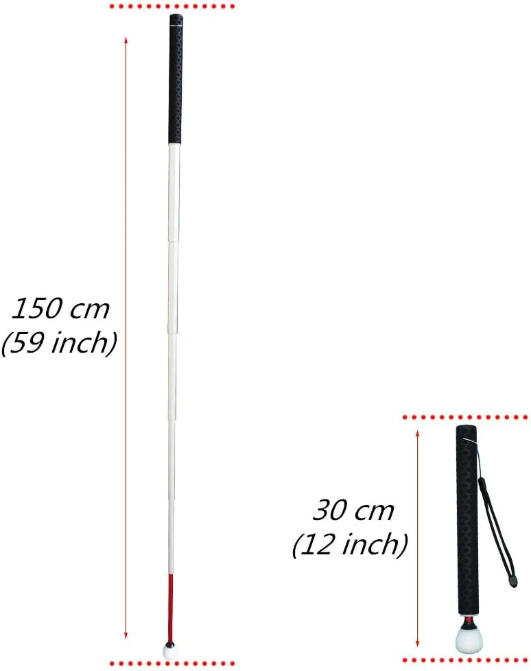 Aluminum Telescopic Blind Cane with Rolling Tip 28cm-150cm (11 inch-59 inch) ，with 2 Tips (Black Handle)