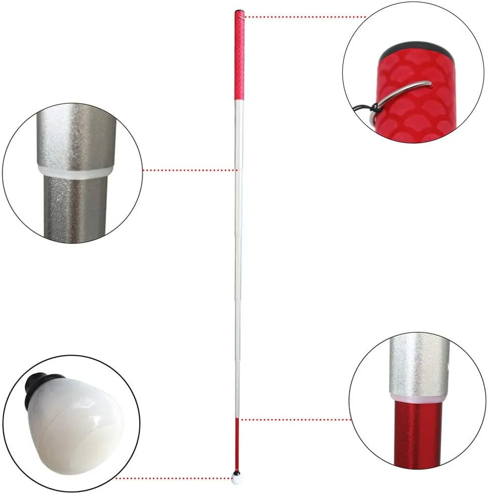 Aluminum Telescopic Blind Cane with Rolling Tip 28cm-150cm (11 inch-59 inch) ，with 2 Tips (Red Handle)