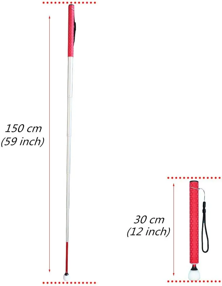 Aluminum Telescopic Blind Cane with Rolling Tip 28cm-150cm (11 inch-59 inch) ，with 2 Tips (Red Handle)