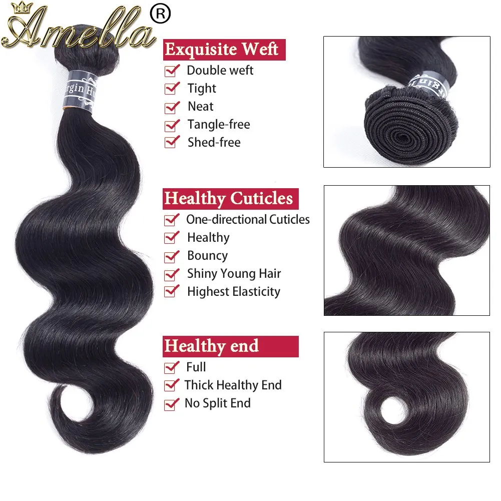 Amella Brazilian Virgin Body Wave Hair Bundles Weave Woman's Luxury (14inch, Hair Bundles)