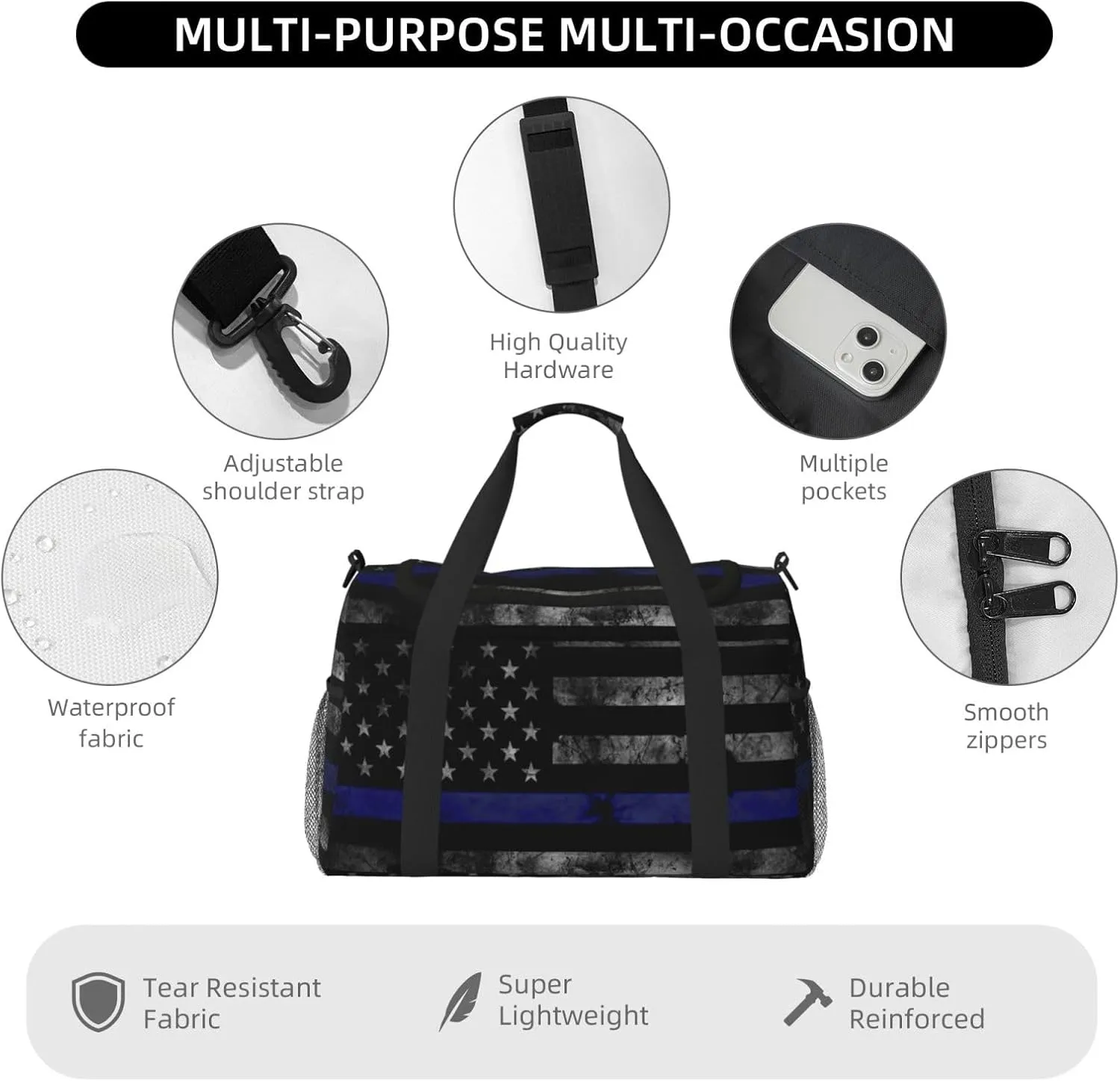 American Flag Blue Line Travel Duffel Bag Large Foldable Waterproof Overnight Bag For Beach Swim Bags Pool Sports Gym