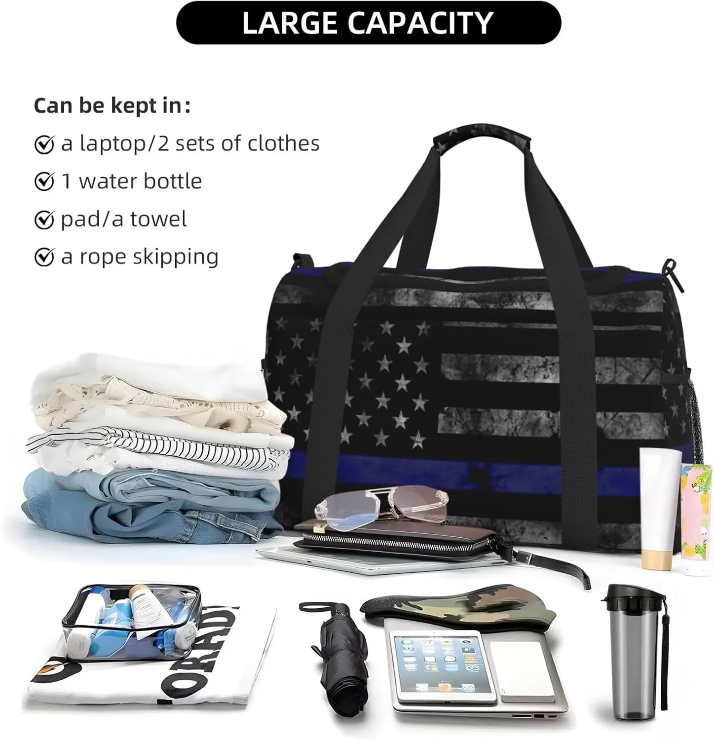 American Flag Blue Line Travel Duffel Bag Large Foldable Waterproof Overnight Bag For Beach Swim Bags Pool Sports Gym