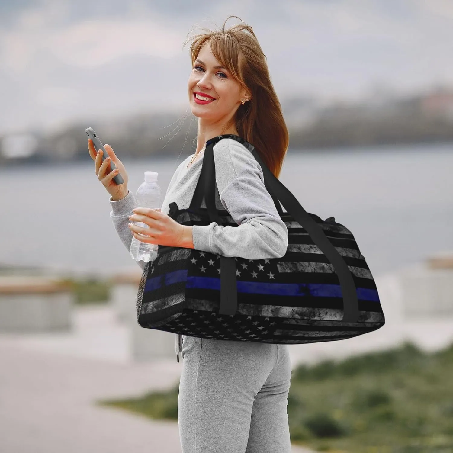 American Flag Blue Line Travel Duffel Bag Large Foldable Waterproof Overnight Bag For Beach Swim Bags Pool Sports Gym
