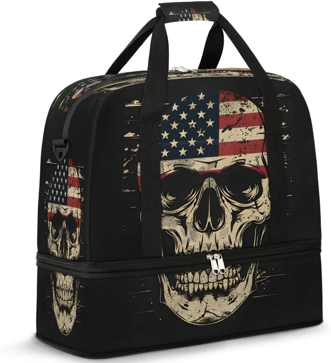 American Flag Cool Skull Foldable Travel Duffel Bag Overnight Weekender Bags with Shoes Compartment Sports Gym Bags for Men Women