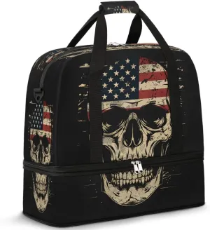 American Flag Cool Skull Foldable Travel Duffel Bag Overnight Weekender Bags with Shoes Compartment Sports Gym Bags for Men Women
