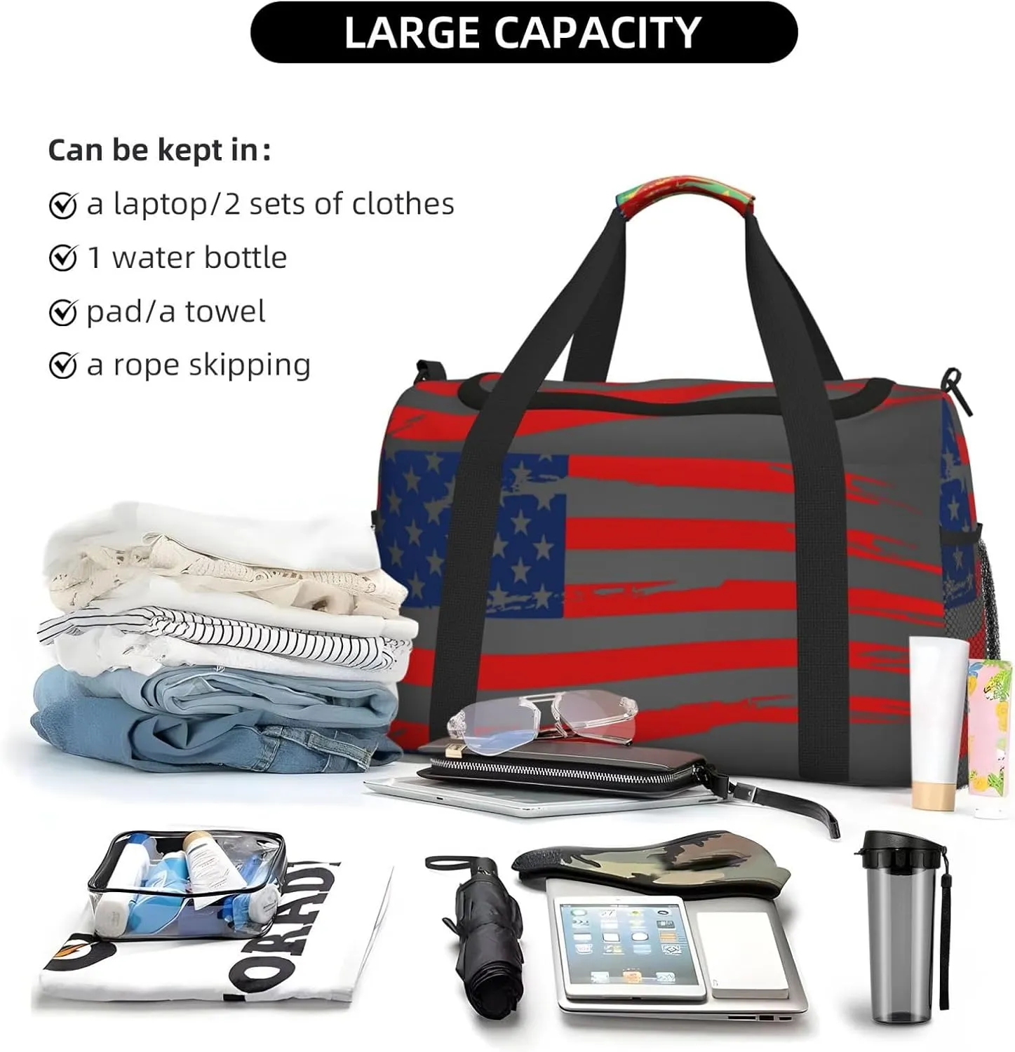American Flag Travel Duffel Bag Large Foldable Waterproof Overnight Bag For Beach Swim Bags Pool Sports Gym