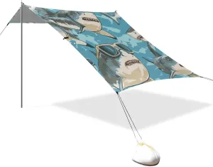 Animals with Glasses Sharks Chasing Designed UPF50  Foldable Beach Canopy Easy Setup Sun Shelter with Sand Pockets for Camping, Picnics, Backyard & Fishing sombrillas para Playa