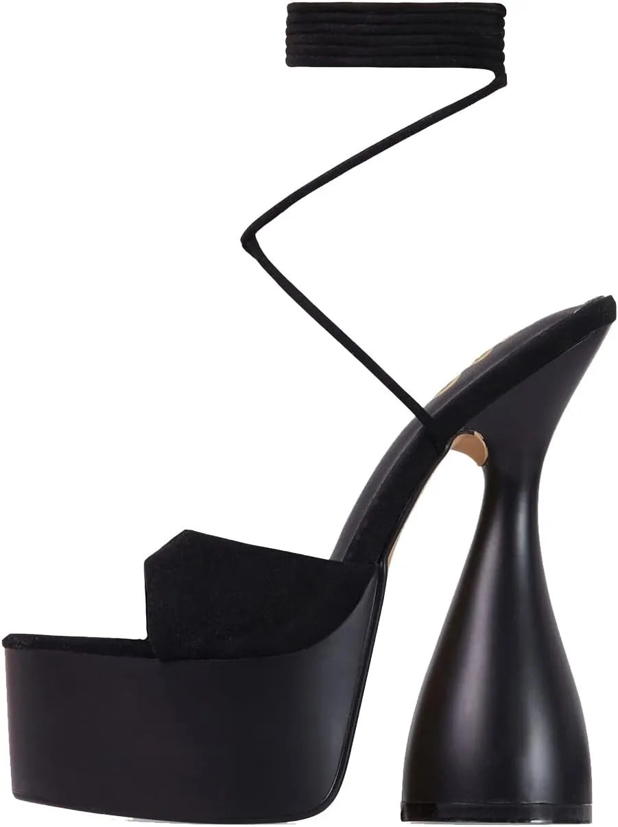 anteikira Women's High Heels Fashion Platform Ankle Straps Special Heel Round Open Toe Stone Pattern Summer Shopping Work Pumps