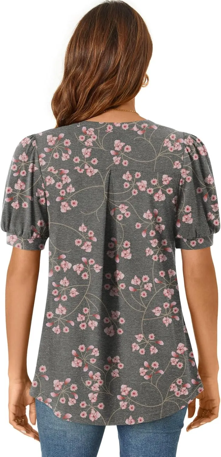Anyally Womens Summer/Spring Dressy Casual Blouse Puff Short Sleeve Tunic Tops Pleated T-Shirts for Work