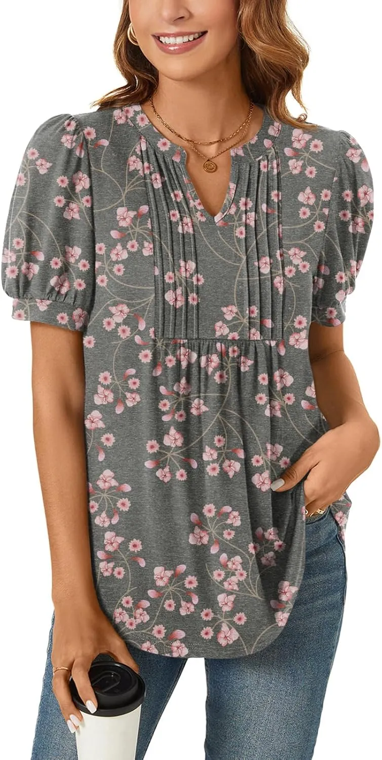 Anyally Womens Summer/Spring Dressy Casual Blouse Puff Short Sleeve Tunic Tops Pleated T-Shirts for Work