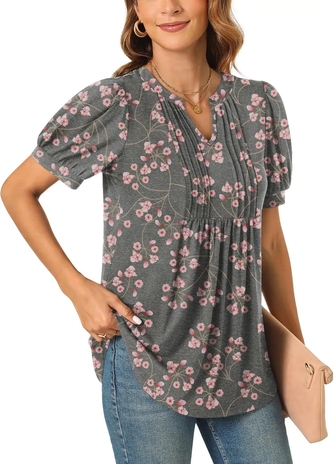 Anyally Womens Summer/Spring Dressy Casual Blouse Puff Short Sleeve Tunic Tops Pleated T-Shirts for Work