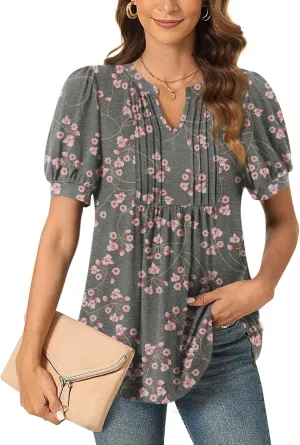 Anyally Womens Summer/Spring Dressy Casual Blouse Puff Short Sleeve Tunic Tops Pleated T-Shirts for Work