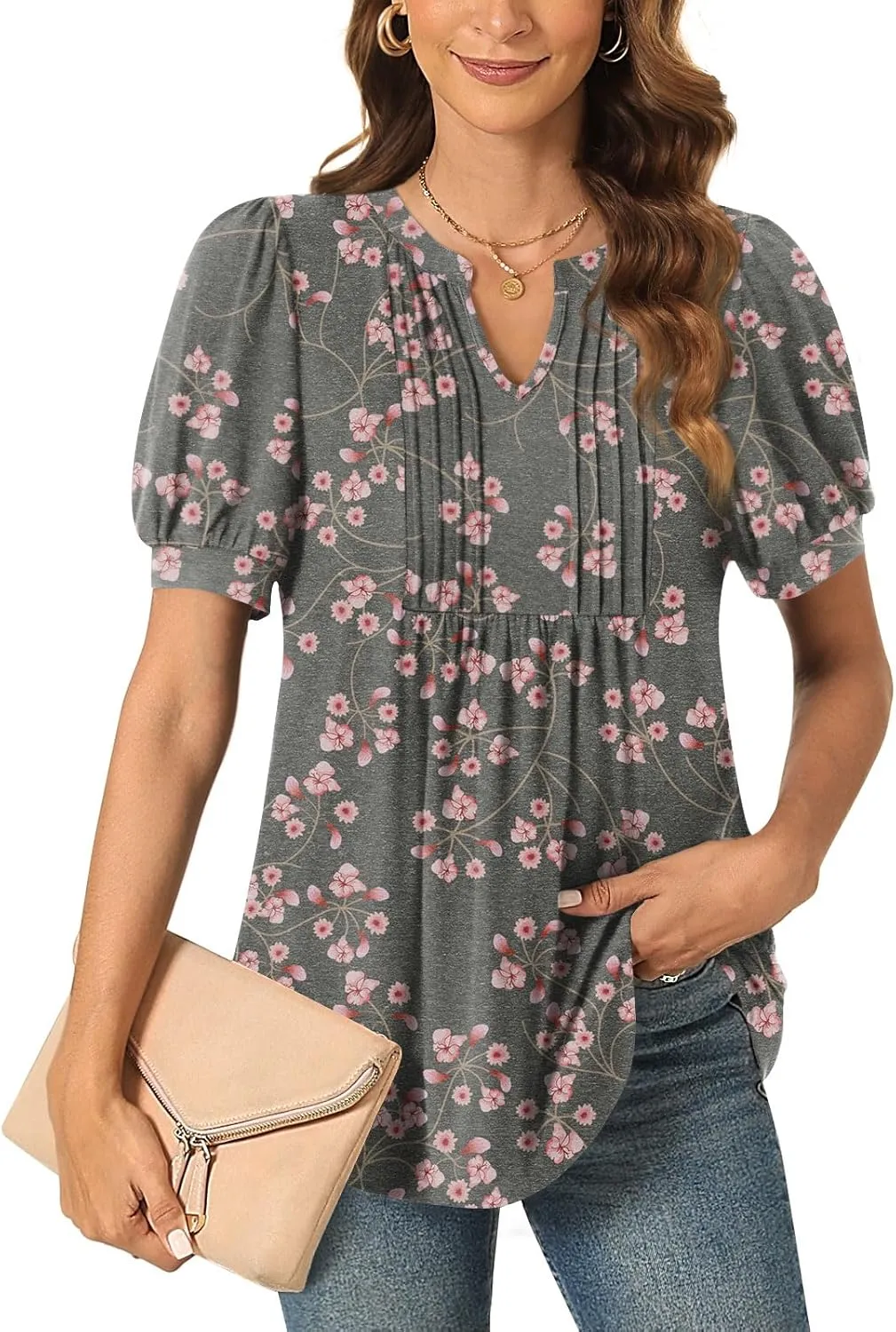 Anyally Womens Summer/Spring Dressy Casual Blouse Puff Short Sleeve Tunic Tops Pleated T-Shirts for Work