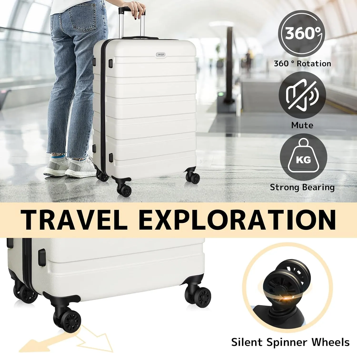 AnyZip Luggage Sets 3 Piece PC ABS Hardside Lightweight Suitcase with 4 Universal Wheels TSA Lock Carry On 20 24 28 Inch White