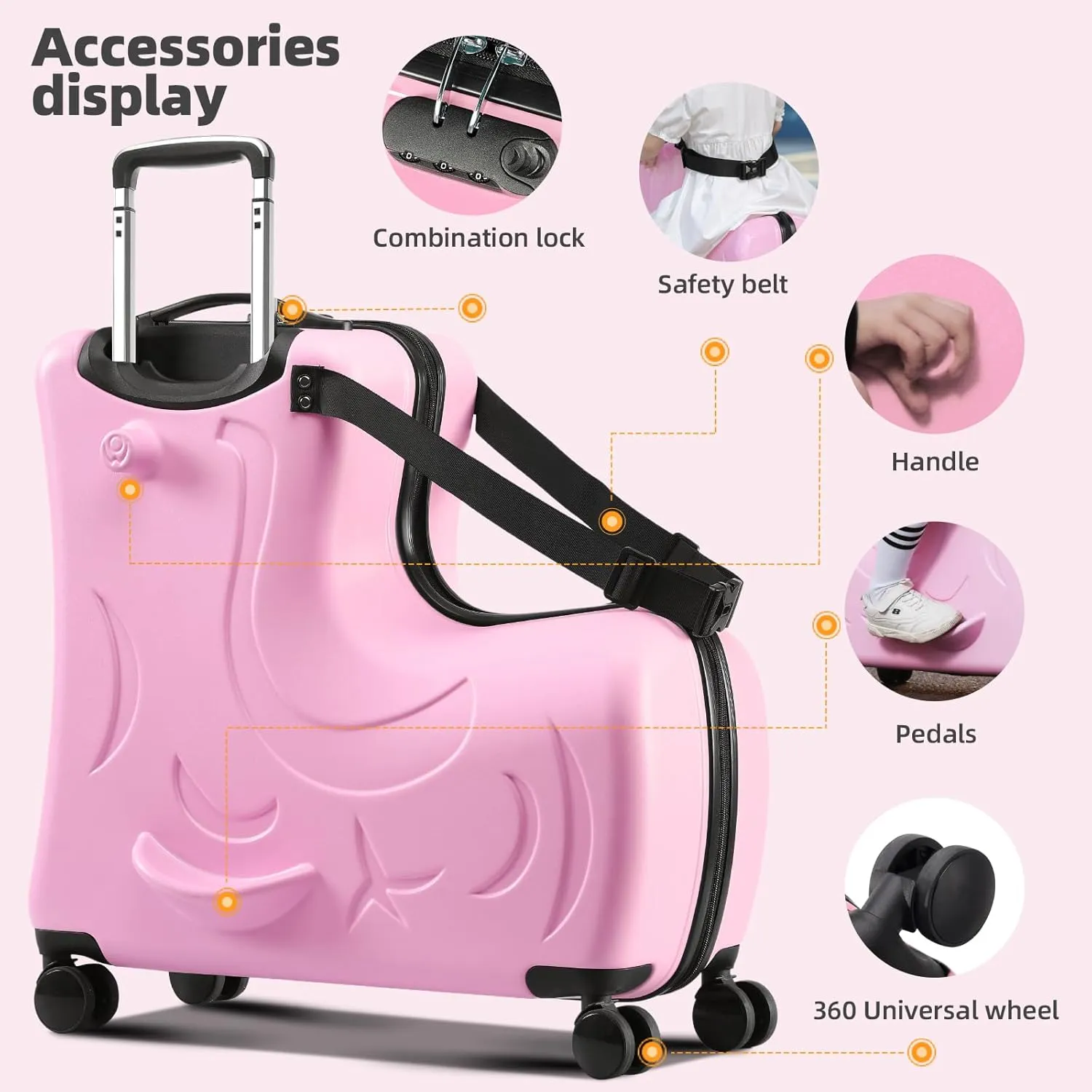 AO WEI LA OW Duffel Bag for Kids Ride-On Suitcase Carry-On Luggage with Wheels (Pink, 20 Inch（suggest 1-6 years old)