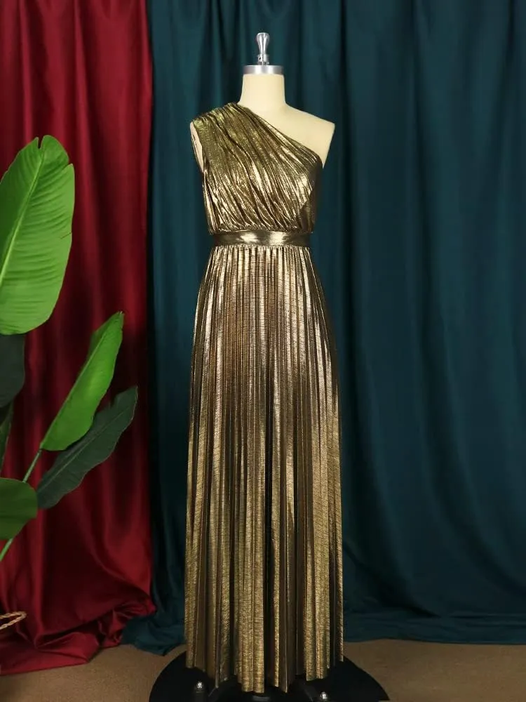 AOMEI Women's Luxury Metallic One Shoulder Sleeveless Elegant Pleated Long Dress