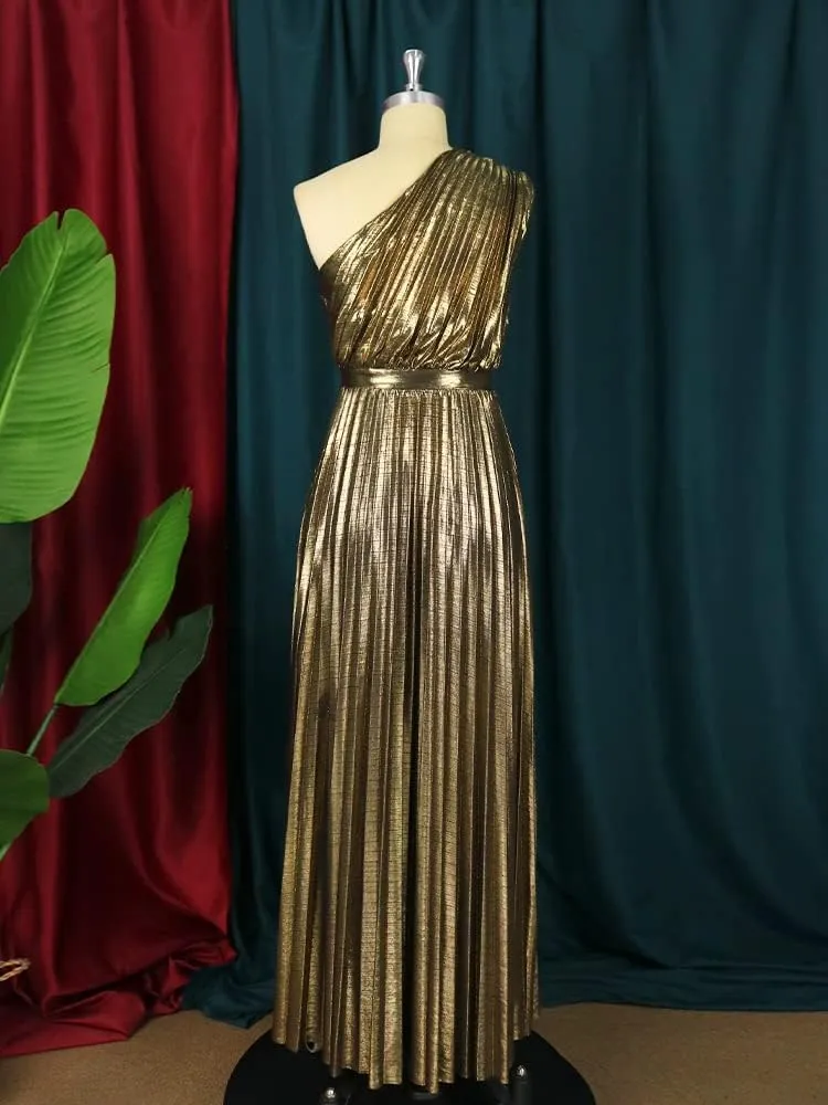 AOMEI Women's Luxury Metallic One Shoulder Sleeveless Elegant Pleated Long Dress