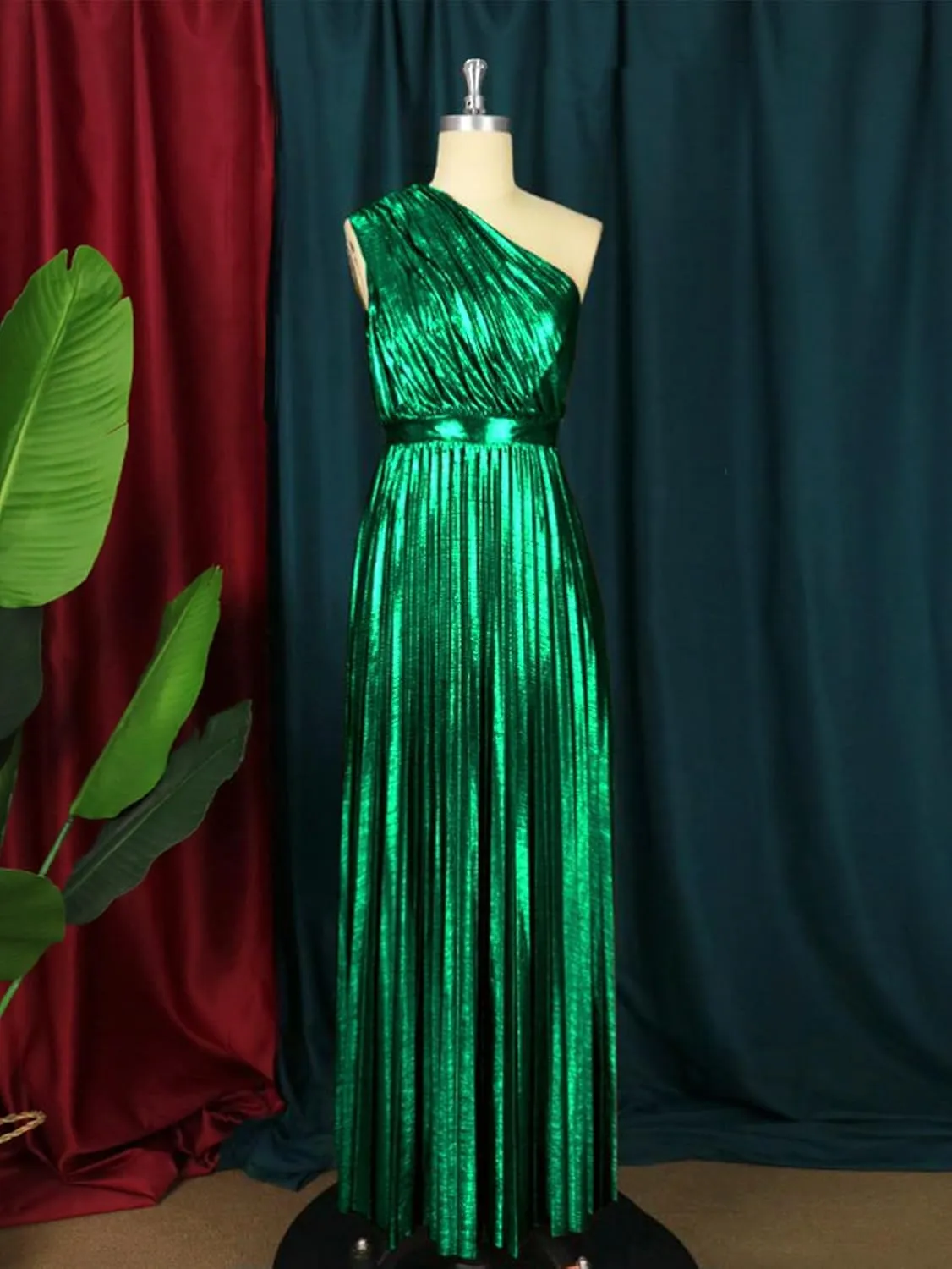 AOMEI Women's Luxury Metallic One Shoulder Sleeveless Elegant Pleated Long Dress