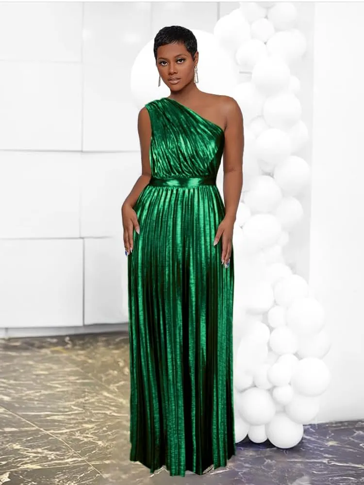 AOMEI Women's Luxury Metallic One Shoulder Sleeveless Elegant Pleated Long Dress