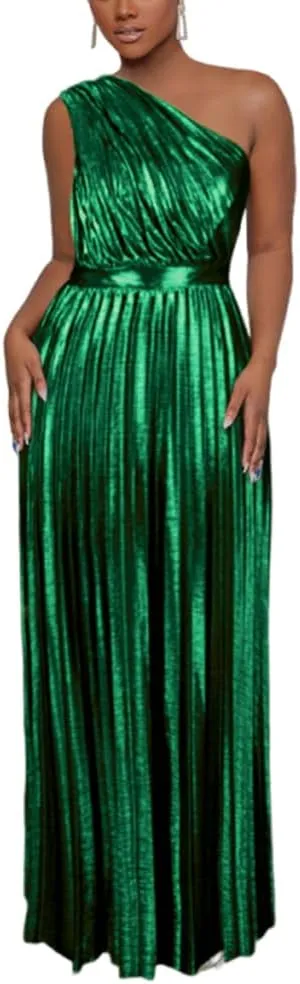 AOMEI Women's Luxury Metallic One Shoulder Sleeveless Elegant Pleated Long Dress