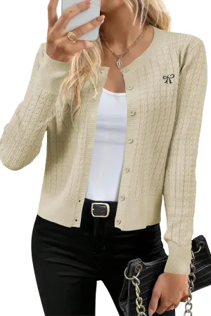 Arach&Cloz Womens 2025 Summer Lightweight Cardigan Long Sleeve Cable Knit Hollow Out Bow Embroidery Tops