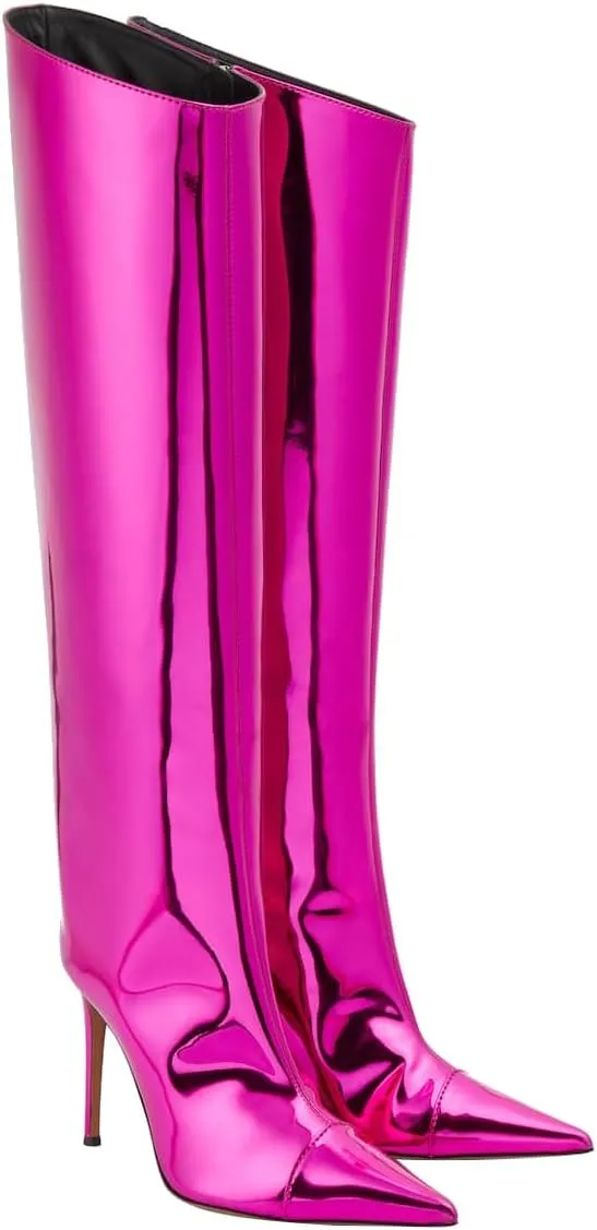 Arqa Metallic Boots for Women Pointed Toe High Stiletto Heel Knee High Boot Fashion Chrome Zipper Boot Dressy Party Shoes