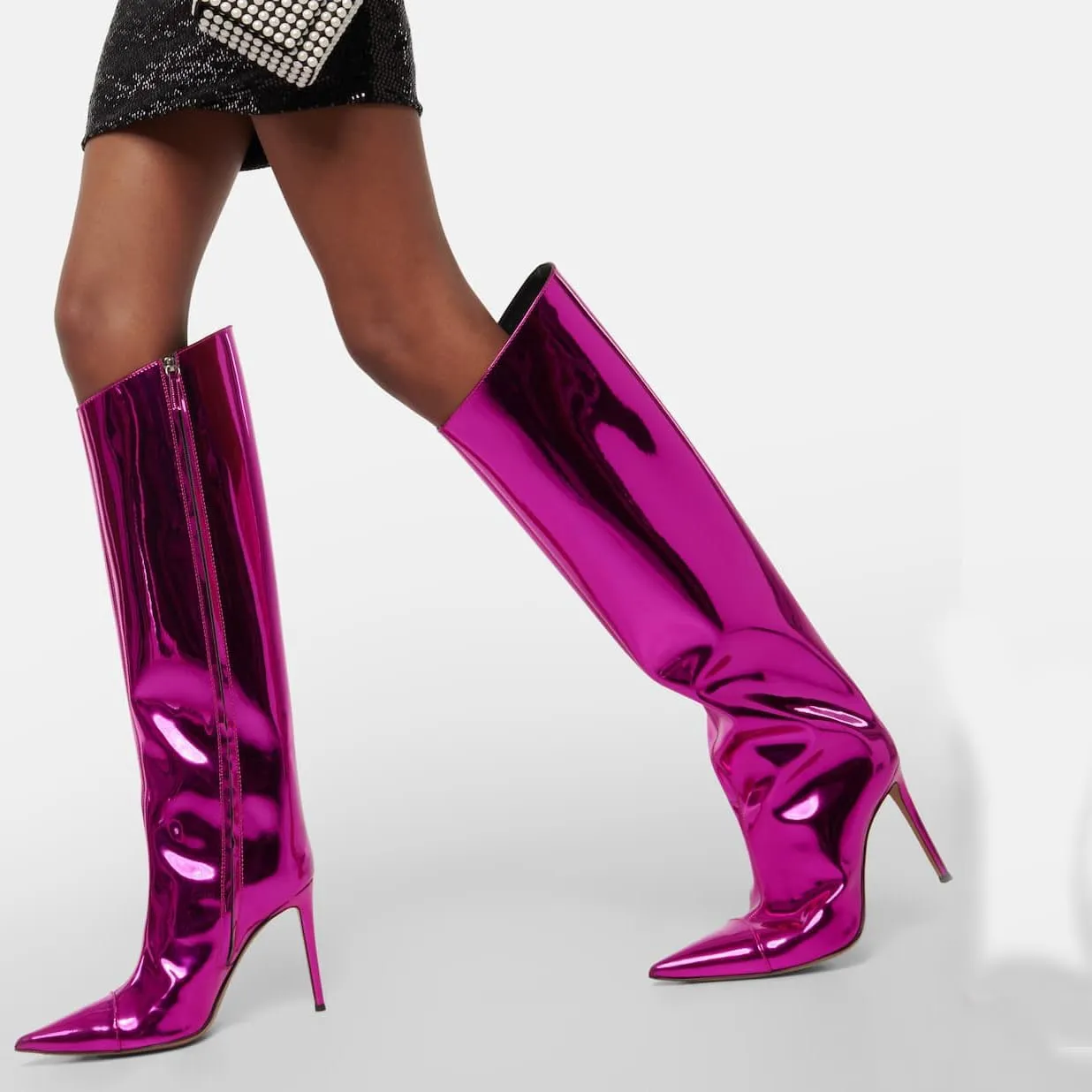 Arqa Metallic Boots for Women Pointed Toe High Stiletto Heel Knee High Boot Fashion Chrome Zipper Boot Dressy Party Shoes