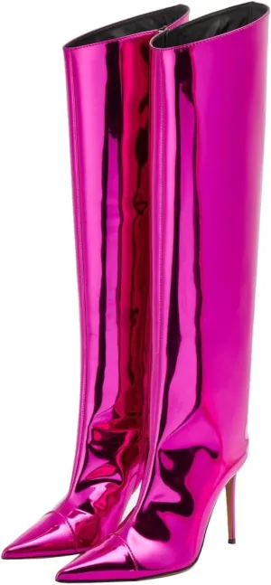 Arqa Metallic Boots for Women Pointed Toe High Stiletto Heel Knee High Boot Fashion Chrome Zipper Boot Dressy Party Shoes