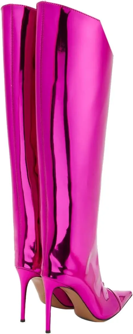 Arqa Metallic Boots for Women Pointed Toe High Stiletto Heel Knee High Boot Fashion Chrome Zipper Boot Dressy Party Shoes